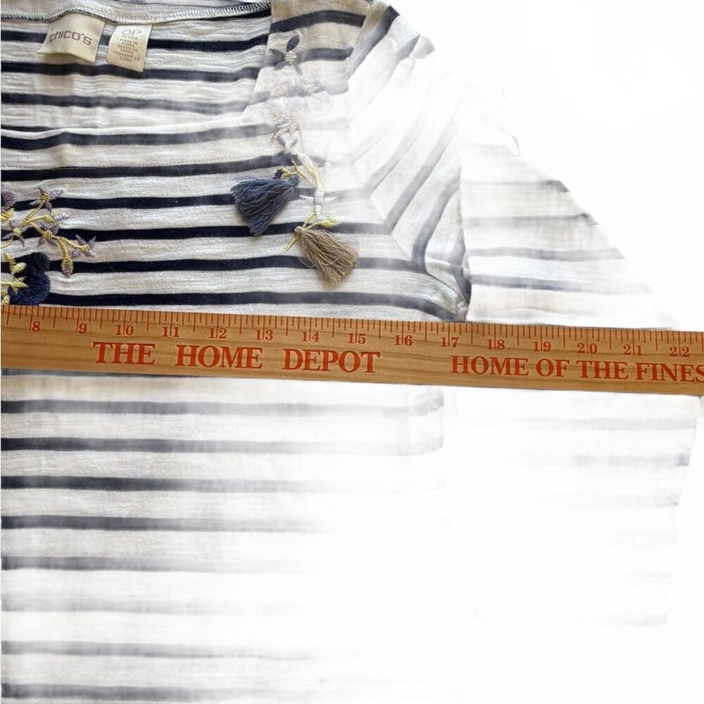 Chico’s Navy & White Striped Top with Floral Embroidery – Coastal Chic Style - Picture 2 of 7